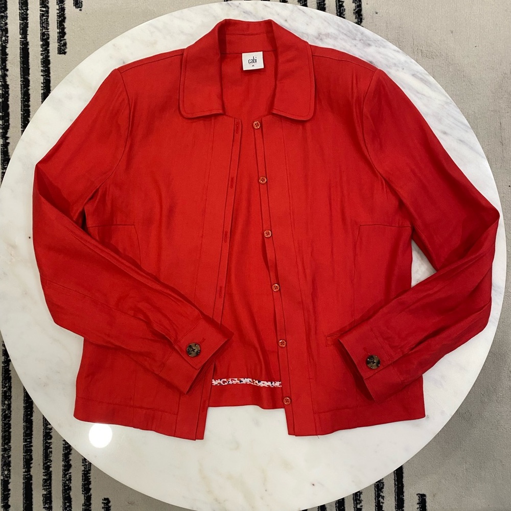 Cabi Red Linen Blend Jacked sz M Heart Stitching on Inside Valentines